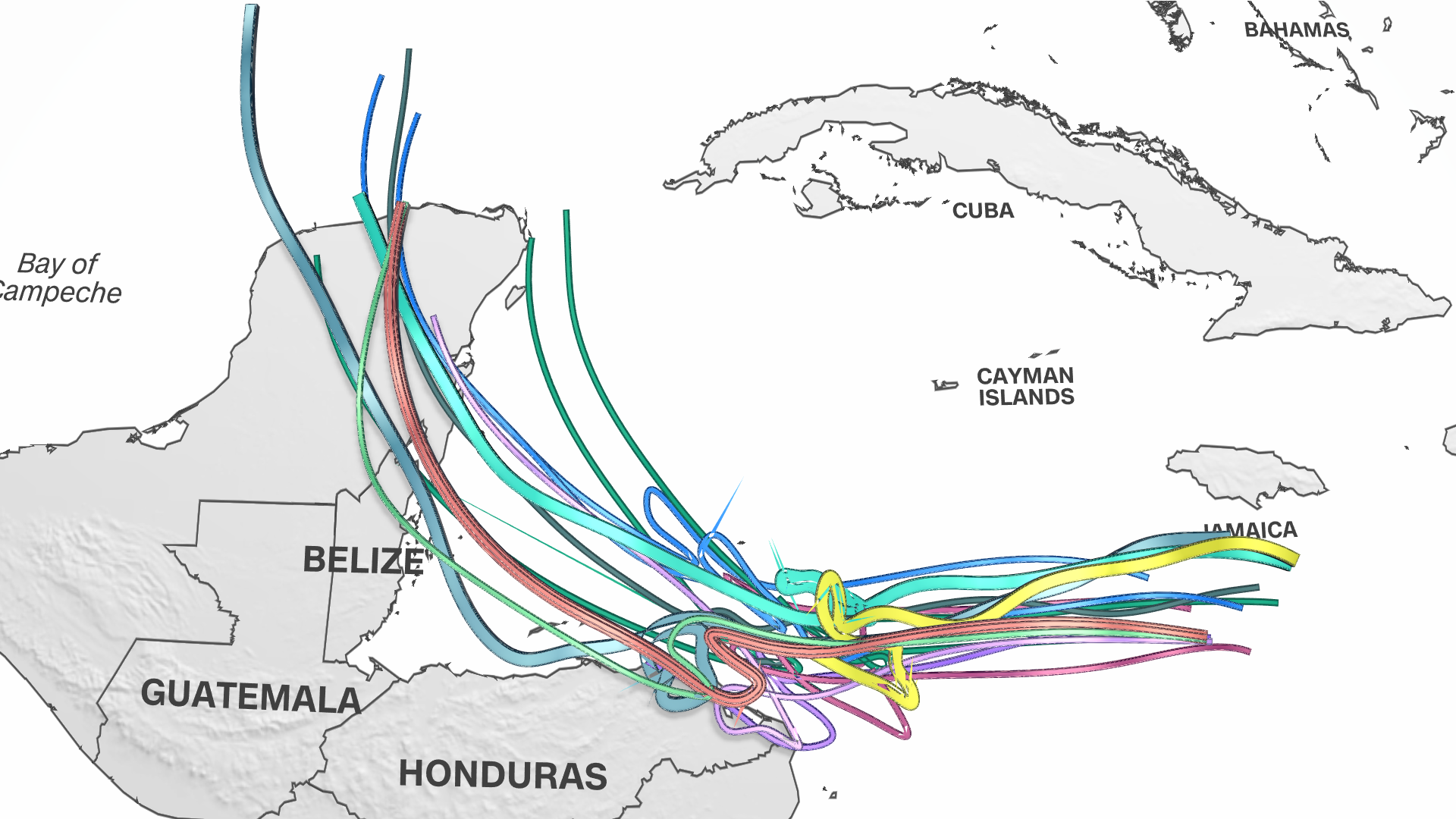 Forecast models (each represented by a different colored line) project where a tropical system could track over the next six days.